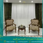 پرده پذیرایی پنل سه چین سبز ساتن و حریر شیری